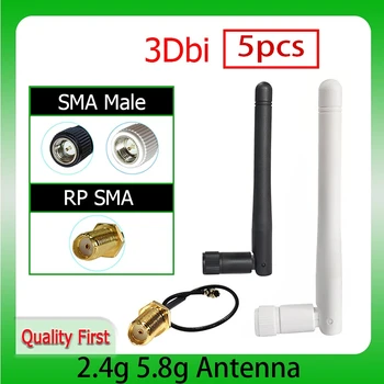 5pcs 2.4 g 5.8 g Antene wifi usmerjevalnik Antena 2,4 GHz 5.8 Ghz 3dBi Antene ipex1 RP-SMA sma moški Dual Band bela črna kabel 21 cm