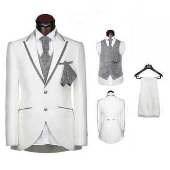 botón blanco Jopič solapa novio esmoquin padrinos de boda Hombre Trajes de graduación (chaqueta + pantalones + chaleco)